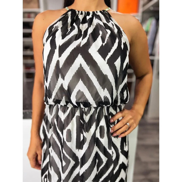London Times Black White Chiffon Open Shoulder Dress - Picture 3 of 11